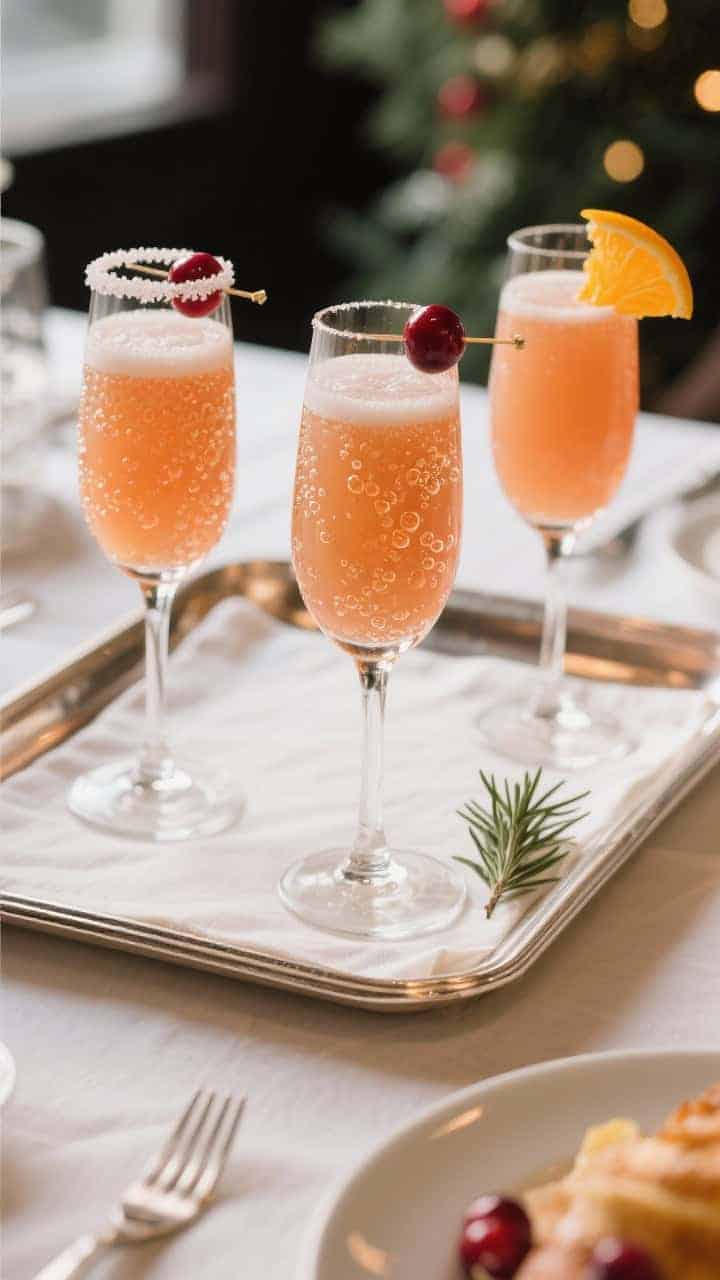 Final presentation: Restaurant-quality brunch setting featuring a trio of Cranberry Orange Mimosas o