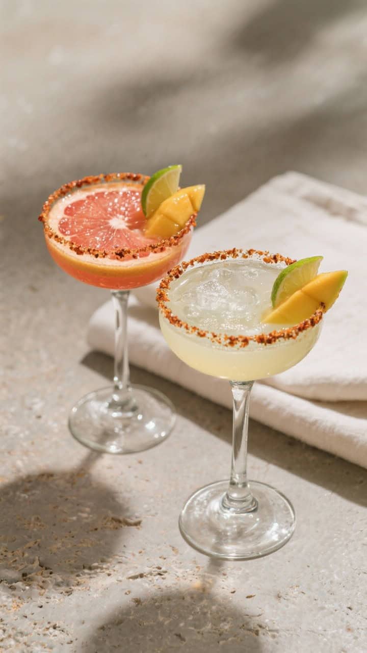 Final presentation: Restaurant-quality hero image of two Chili Mango Palomas side by side—one clas