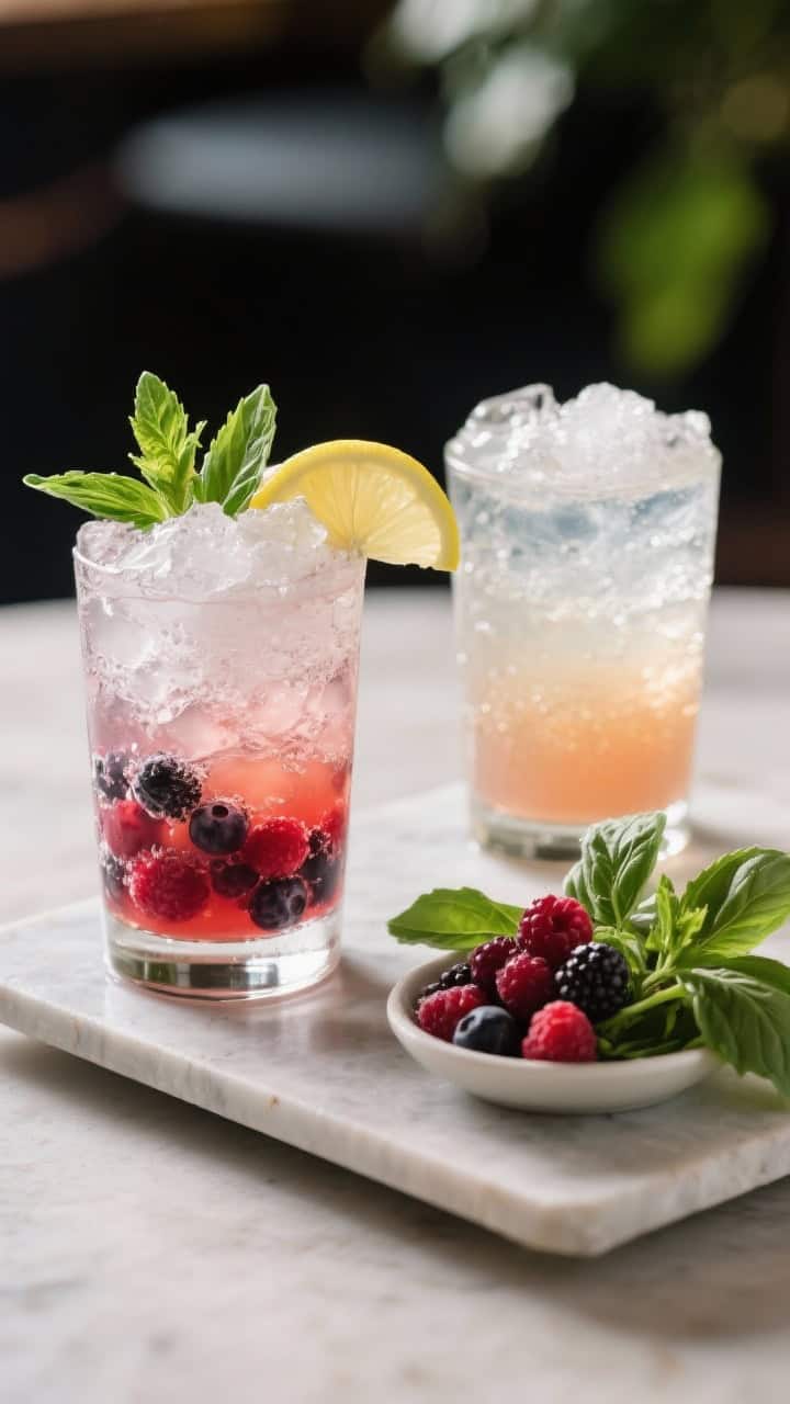 Final presentation, restaurant-quality hero shot: two Berry Basil Smashes side-by-side to show varia