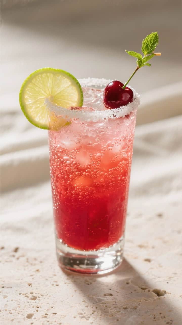 Final presentation: Restaurant-quality hero shot of a single tall Collins glass of Cherry Limeade Co