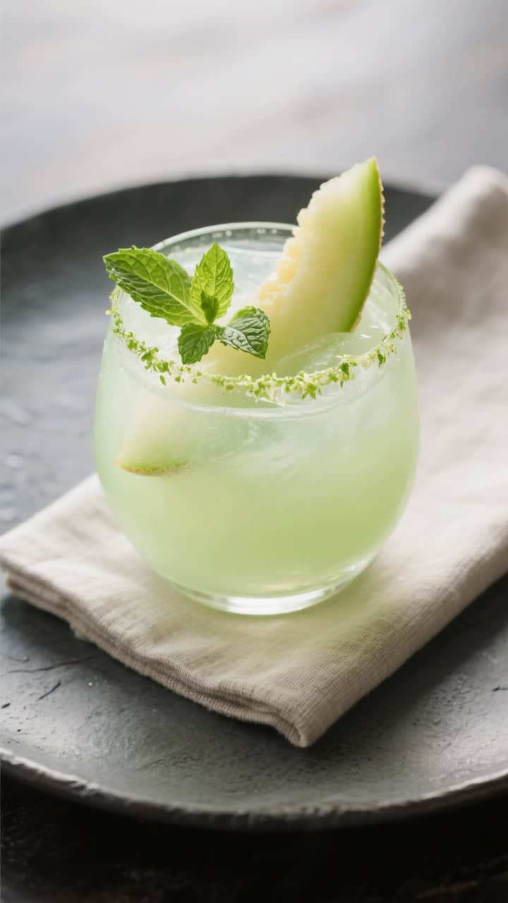Final presentation: Restaurant-quality Honeydew Melon Cooler served in a stemless chilled glass, ult