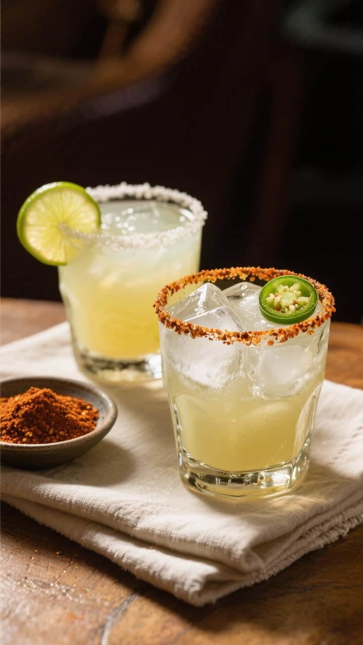 Final presentation: Restaurant-quality Spicy Jalapeño Margarita duo—one classic with a fine salt