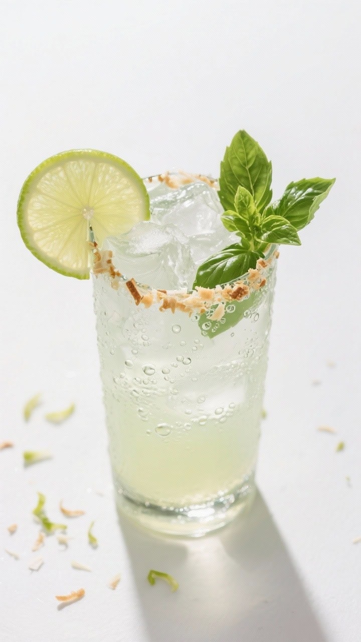 Overhead tasty top view of the final Coconut Basil Mojito with bubbles: highball packed with crushed