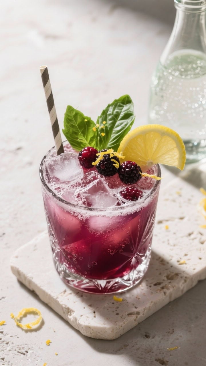 Overhead “tasty top view” of the finished Berry Basil Smash: rocks glass packed with crushed ice