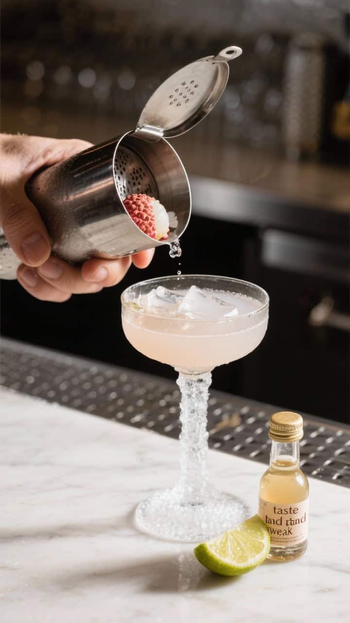 Process focus: Pre-serve “taste and tweak” moment—lychee martini in the shaker tin just opened
