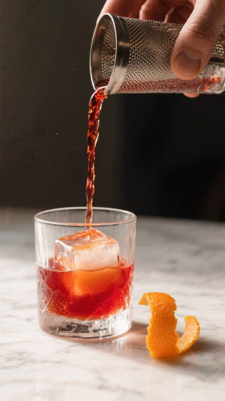 Process moment: Straining the well-chilled Blood Orange Negroni from a frosted mixing glass into a p