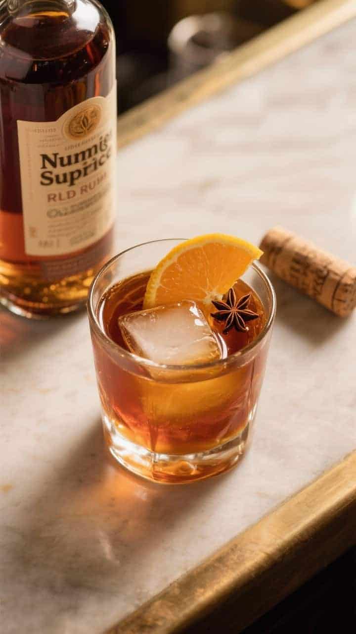 Tasty top view: Overhead cocktail bar scene—Nutmeg Spiced Rum Old Fashioned variation in a lowball