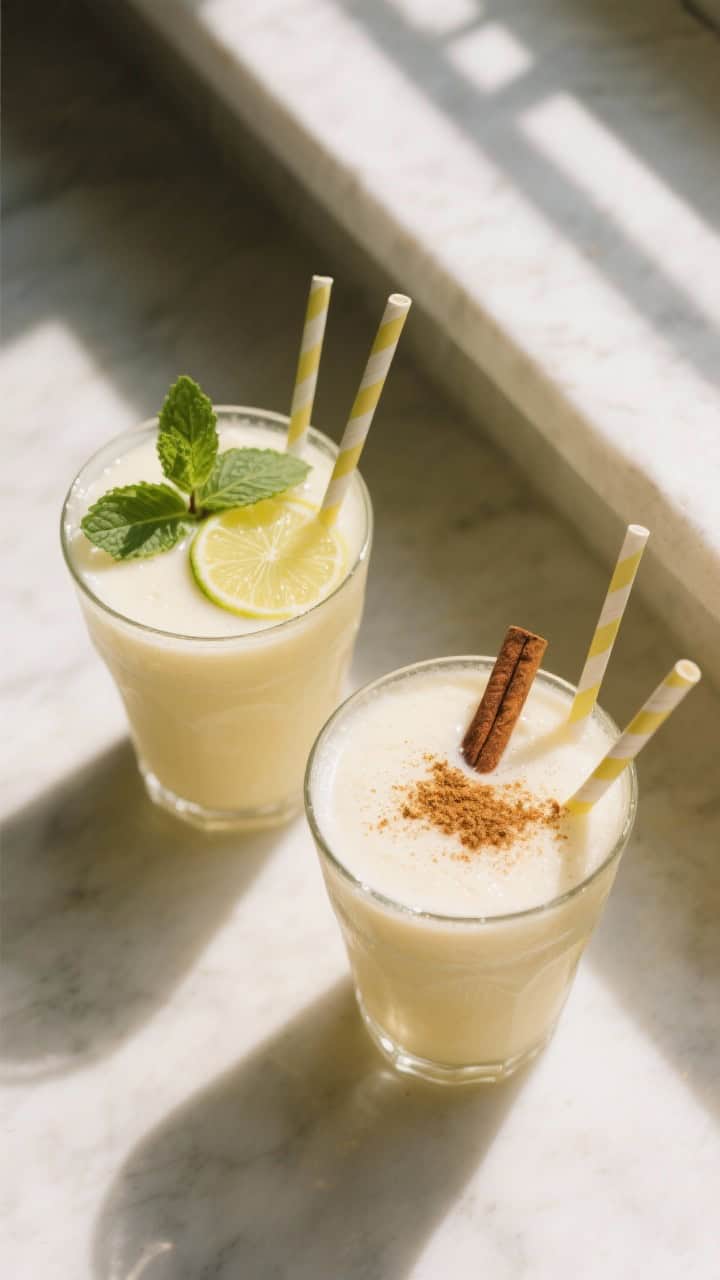 Tasty top view: Overhead duo of piña coladas for sharing—both glasses filled to the brim with ult