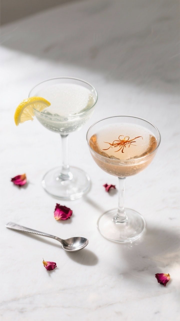 Tasty top view: Overhead hero shot of two variations of the Saffron Rose Martini side by side—one