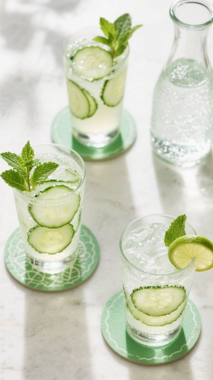 Tasty top view: Overhead party-style scene with three glasses of Cucumber Mint Cooler at varying dil