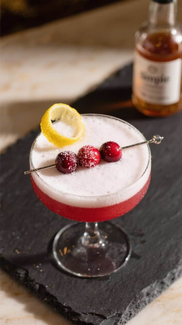Tasty top view: Overhead shot of a finished Cranberry Bourbon Sour in a coupe, glossy ruby cocktail 