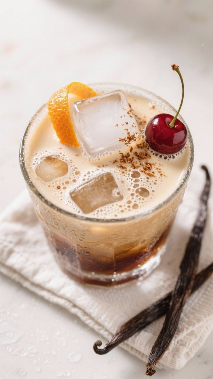 Tasty top view: Overhead shot of a finished Vanilla Bourbon Cream Soda with a large clear ice cube,