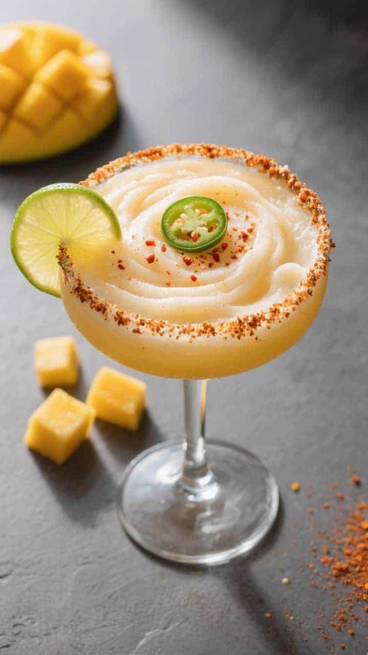 Tasty top view: Overhead shot of a frozen Spicy Mango Margarita poured into a wide coupe with a prec