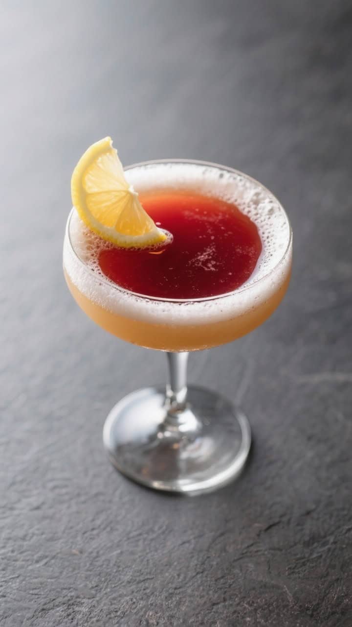 Tasty top view: Overhead shot of a New York Sour variation—perfectly centered coupe with pale ambe