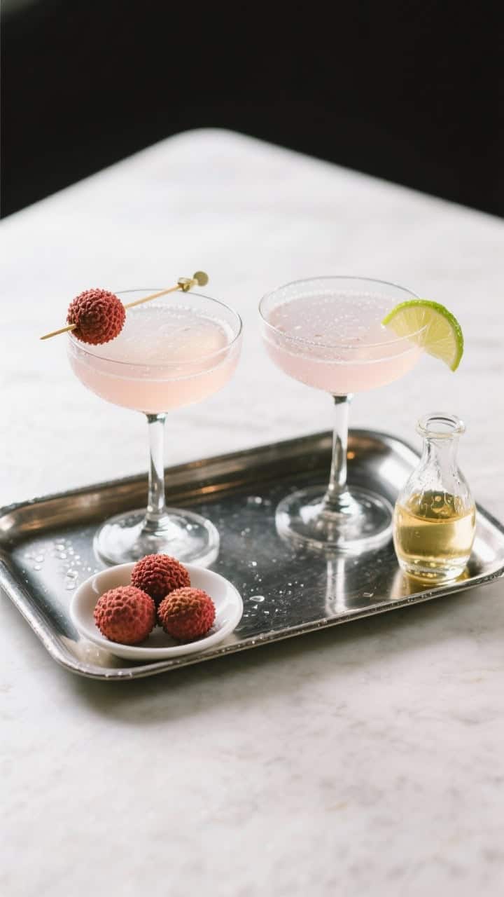 Tasty top view: Overhead shot of a small tray service—two lychee martinis side by side in coupes,