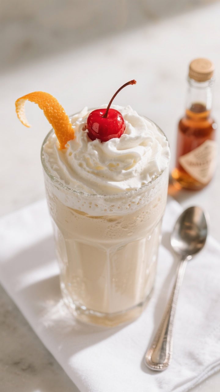 Tasty top-view overhead shot of the final Vanilla Bourbon Cream Soda with a classic soda shop finish