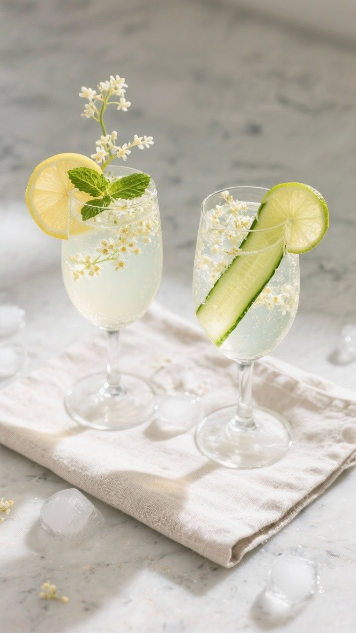 Tasty top view: Overhead shot of two Elderflower Spritzes on a light stone tabletop, balanced ratio 