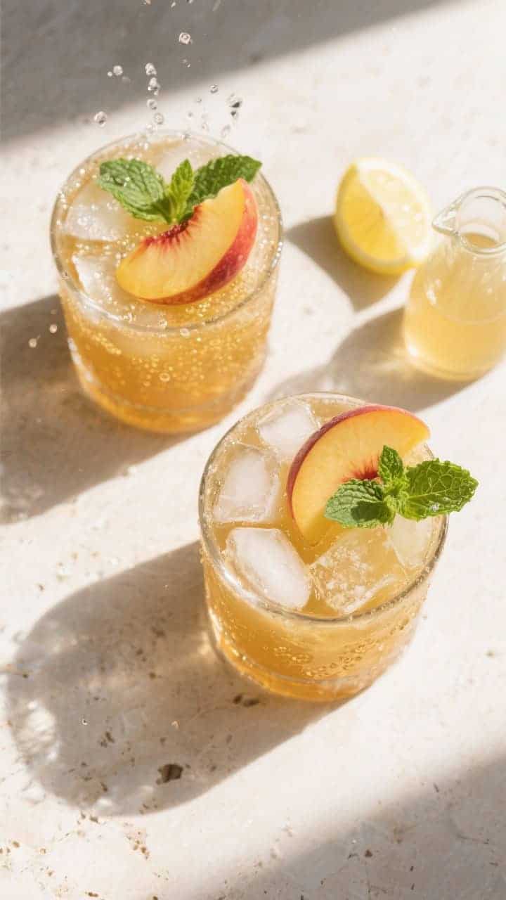 Tasty top view: Overhead shot of two finished Bourbon Peach Smashes on a light stone surface, crushe