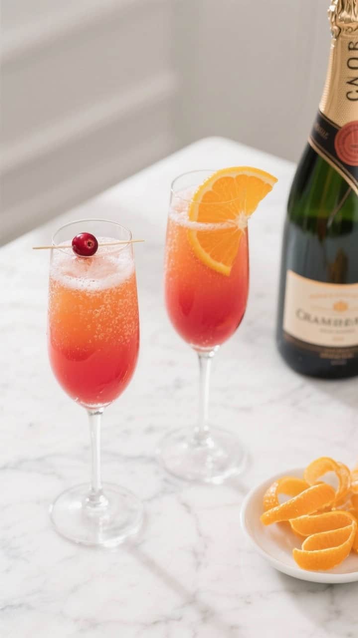 Tasty top view: Overhead shot of two finished Cranberry Orange Mimosas in slender Champagne flutes o
