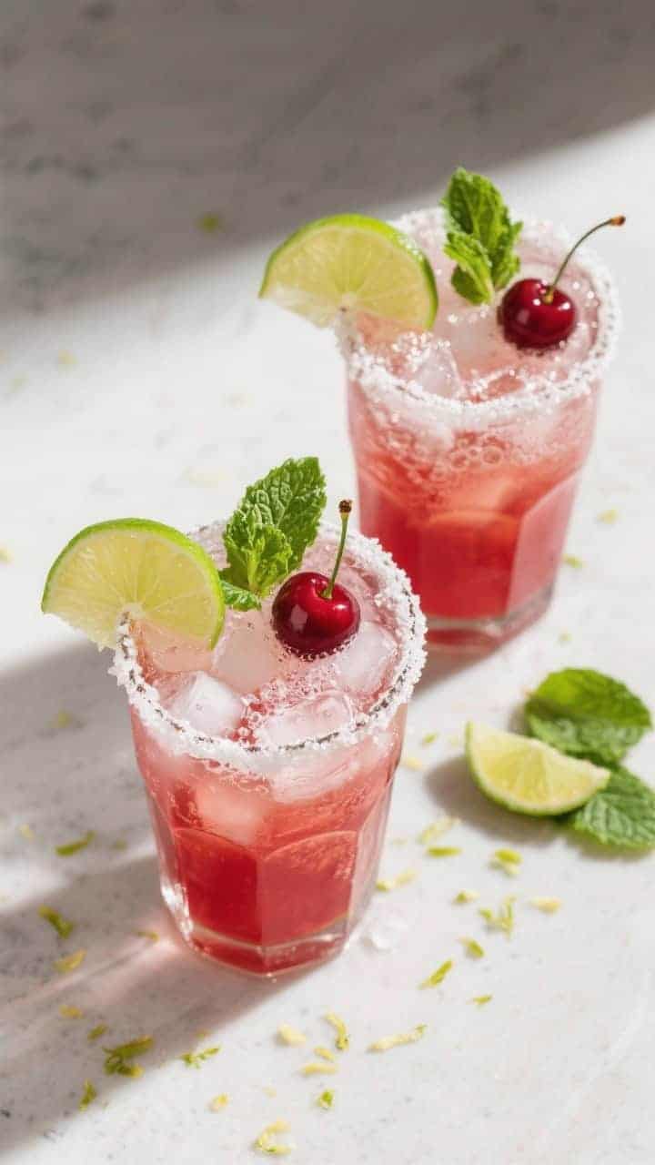 Tasty top view: Overhead shot of two sugar-rimmed highball glasses filled with Cherry Limeade Cooler