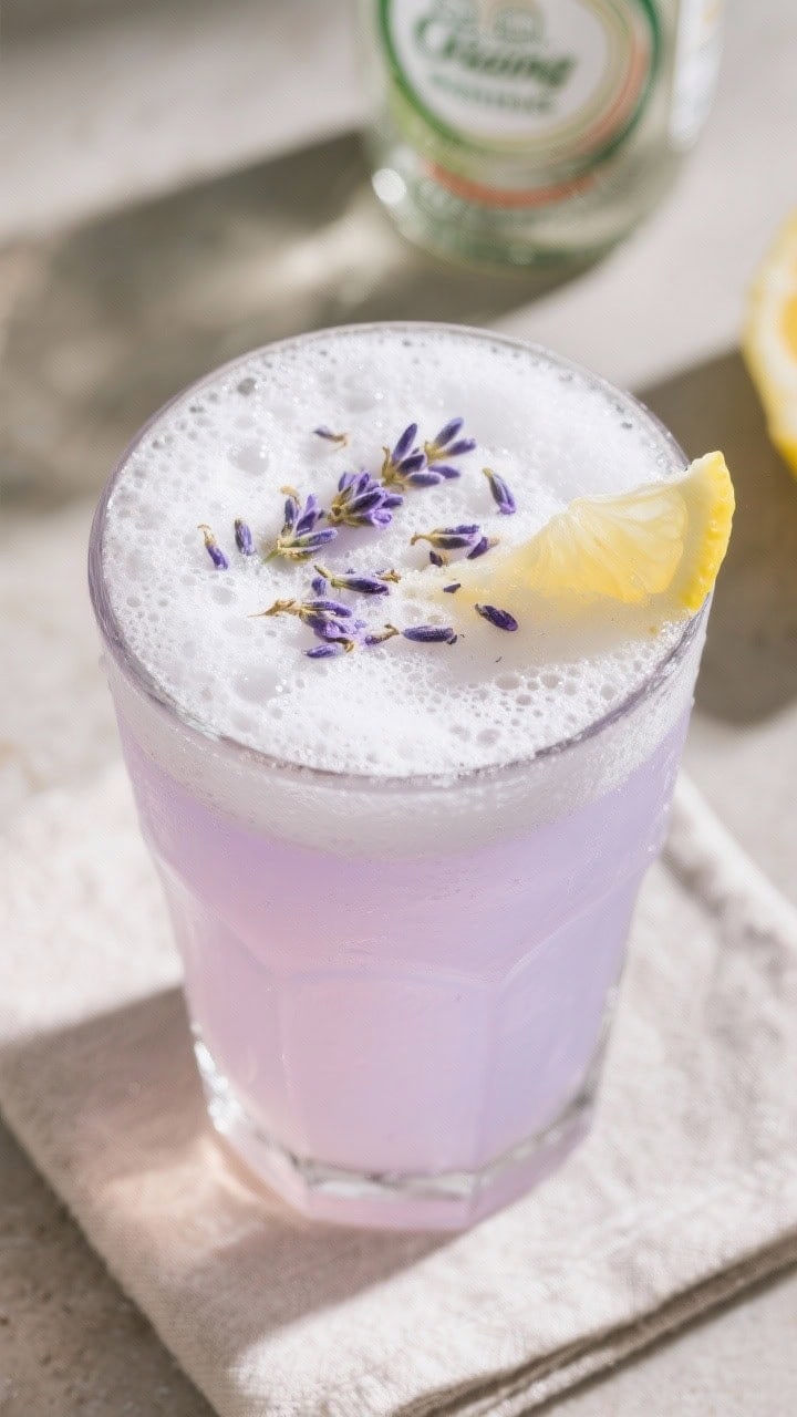 Tasty top view: Top-down image of the finished Lavender Gin Fizz in a Collins glass, dense microfoam