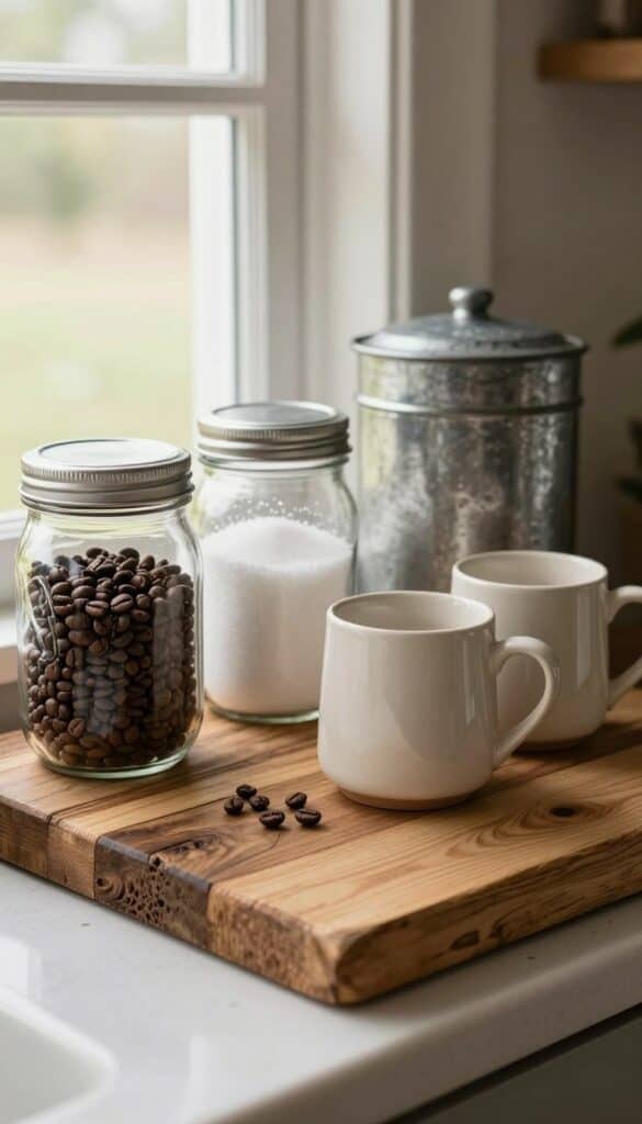 rustic farmhouse coffee area with wood board and mason jars