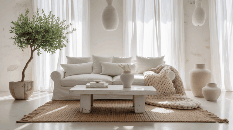 Straight-on wide shot of a white-on-white sunlit sanctuary: white slipcovered sofa, whitewashed coffee table, matte plaster walls, linen drapery puddling gently; chunky knit throws, handwoven rug, and chalky white ceramic vases providing texture; a single olive tree in a stone pot as sculptural greenery; bright, soft daylight.