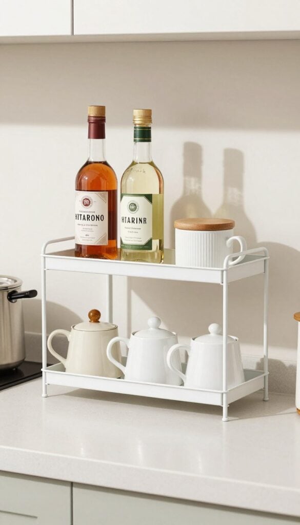two-tier stand organizing coffee area on narrow counter space