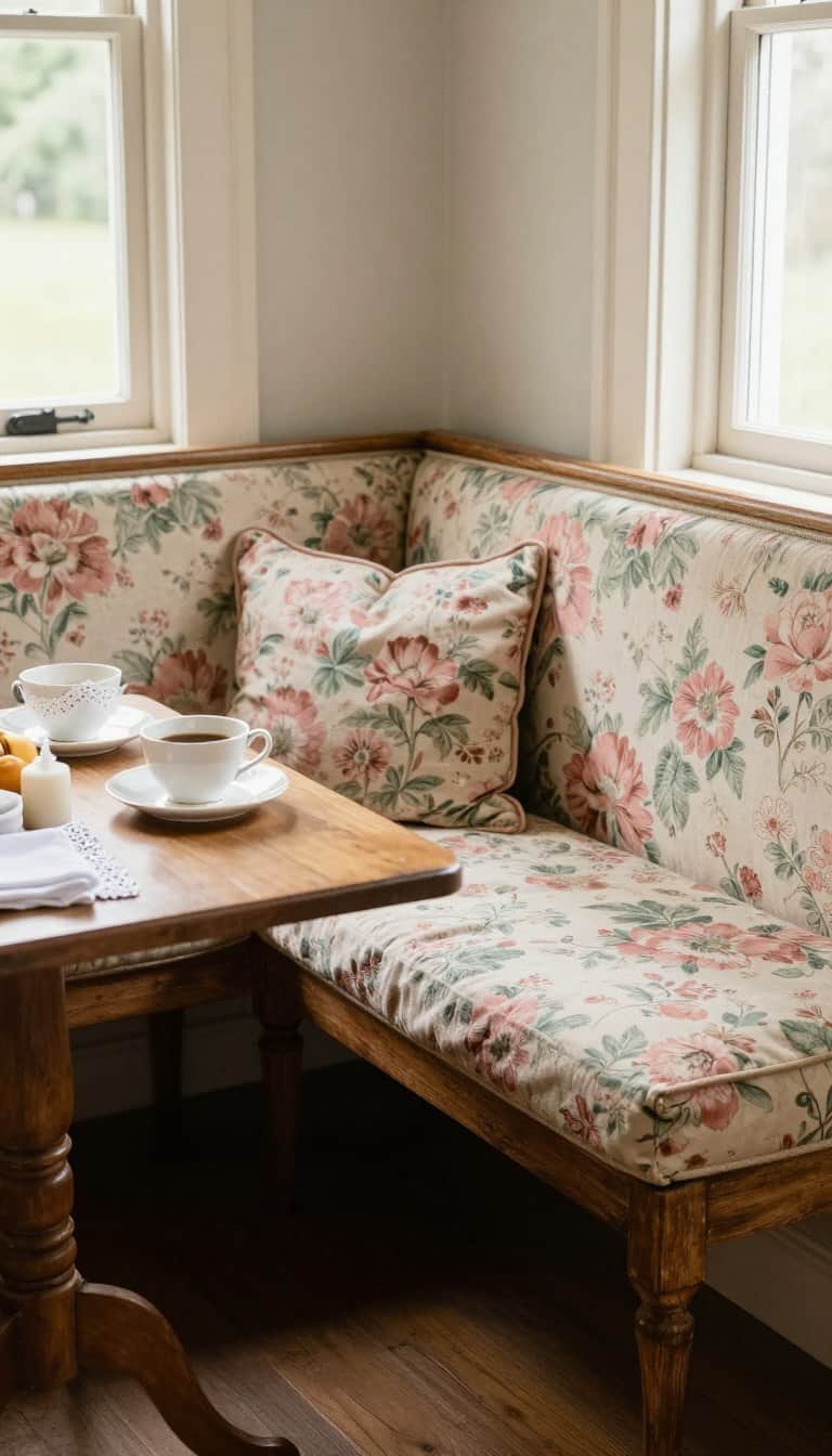 vintage breakfast nook with built-in bench featuring soft faded floral upholstery in rose and sage tones