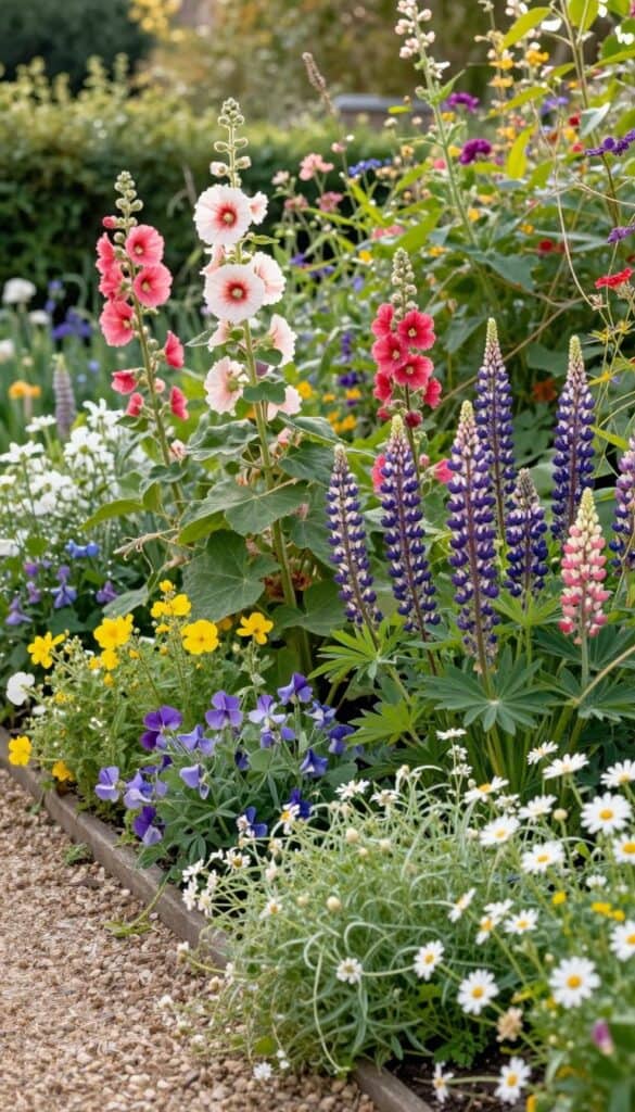 Abundant cottage garden border overflowing with mixed perennials, wildflowers, and traditional English garden plants in a natural, unstructured style