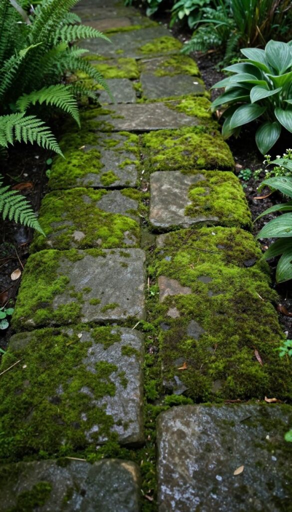 Ancient-looking stone path covered in soft green moss in a shaded fairytale garden setting Ancient-looking stone path covered in soft green moss in a shaded fairytale garden setting