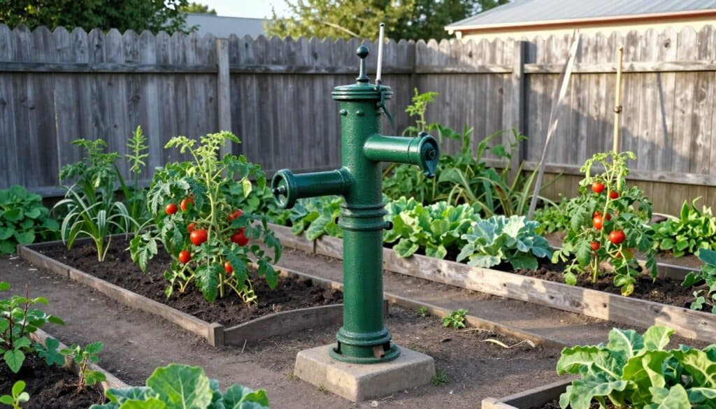 Antique green water pump centerpiece in vegetable garden with wooden fence background