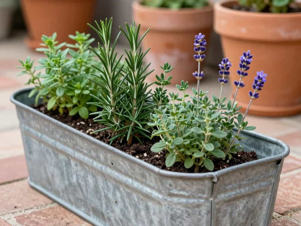 Antique metal trough planter with herbs and lavender on garden patio