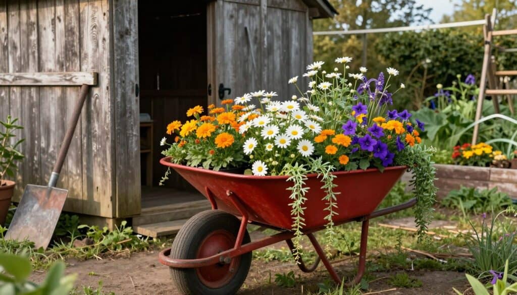 Antique metal wheelbarrow planter with mixed flowers beside garden shed