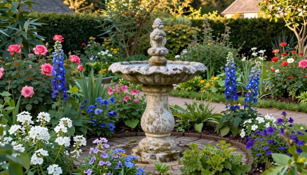 Antique stone bird bath surrounded by colorful perennial flowers in cottage garden