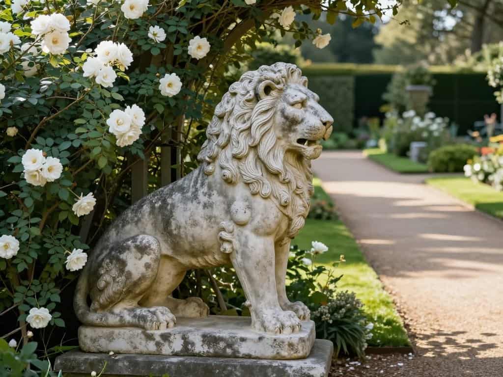Antique stone lion statue flanking garden entrance with climbing roses