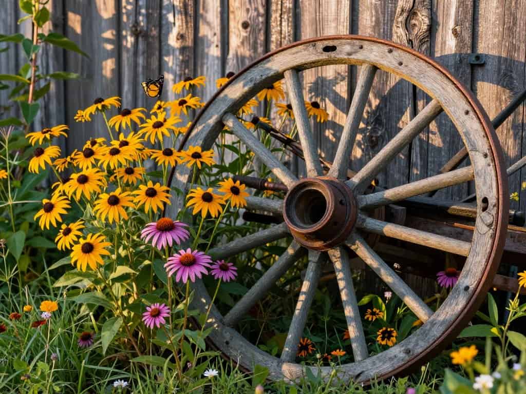 Antique wagon wheel in flower bed with colorful wildflowers growing through spokes