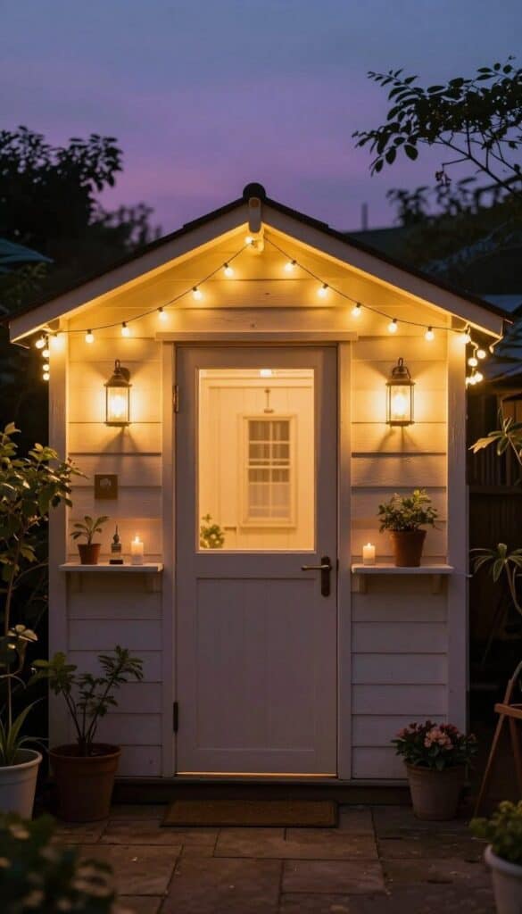 Backyard shed illuminated by warm string lights at dusk