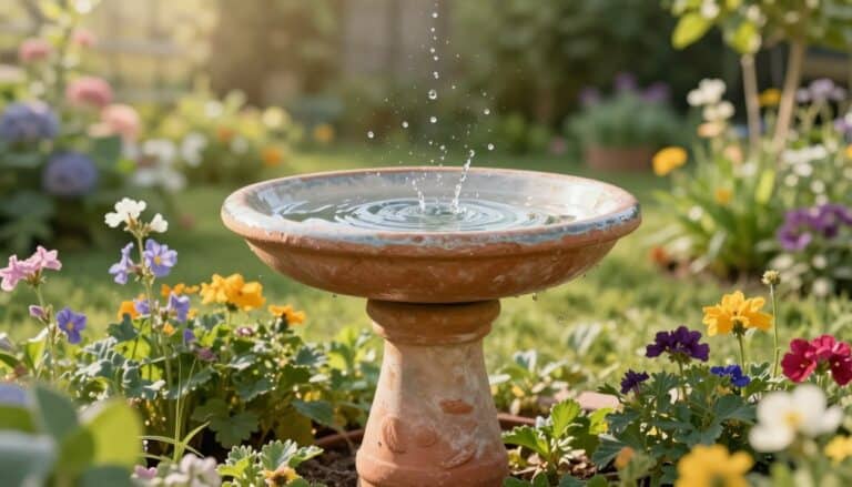 Beautiful DIY bird bath surrounded by flowers in a backyard garden