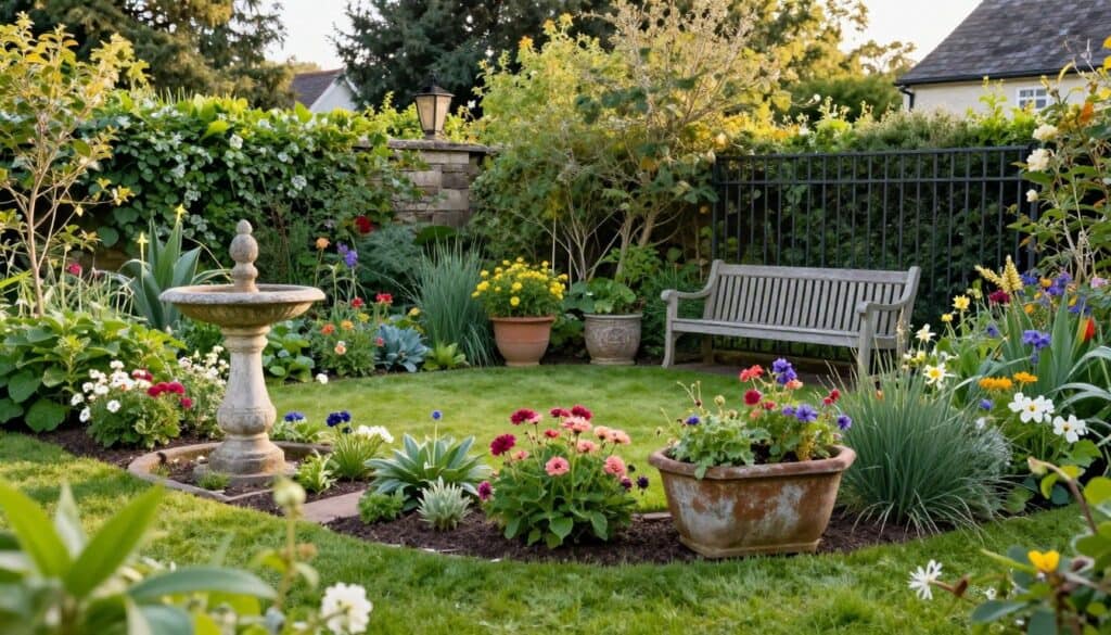Beautiful established vintage garden showing multiple antique decor elements working together harmoniously