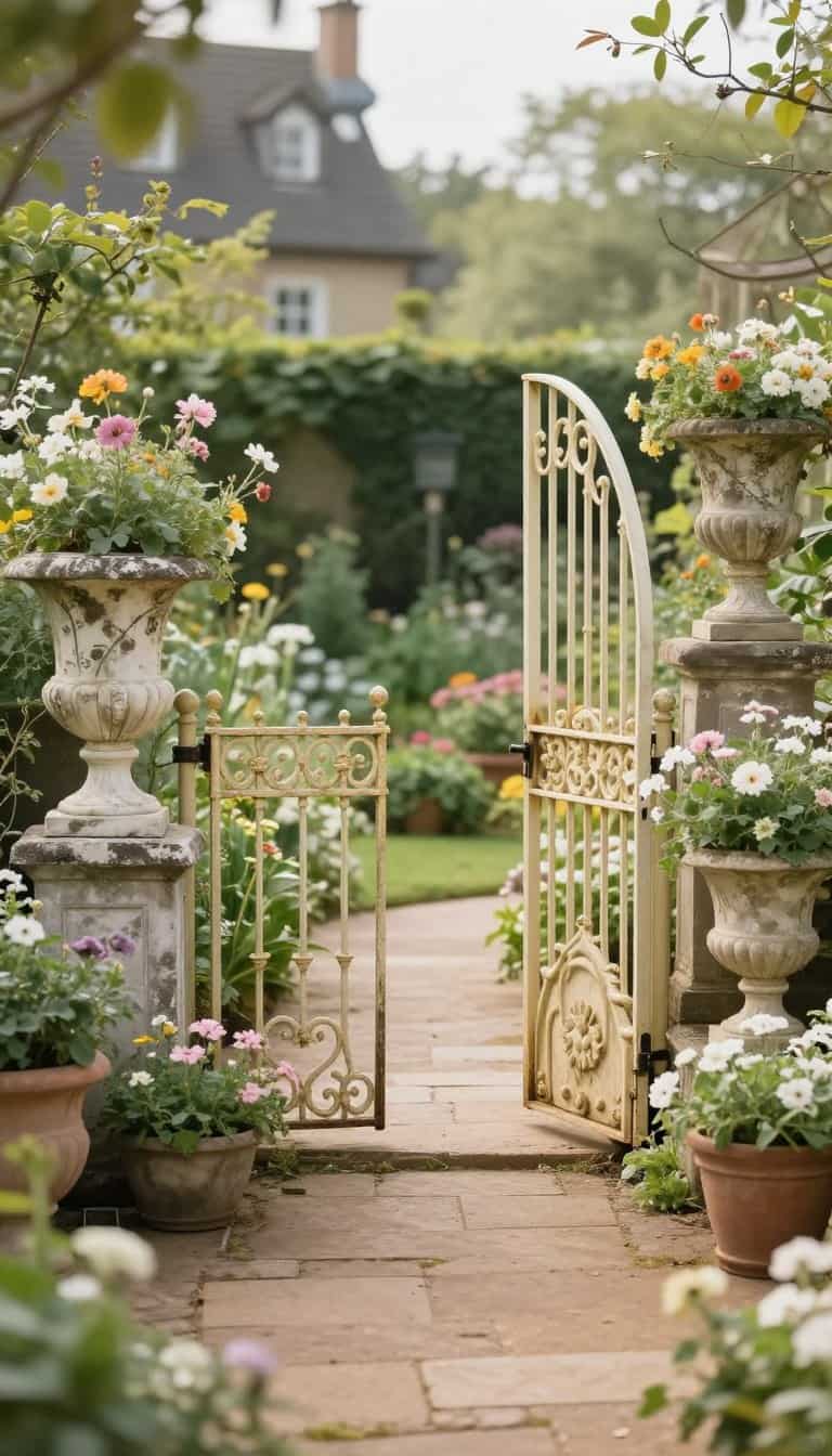 Beautiful vintage garden with antique decor elements including weathered urns and aged stone planters