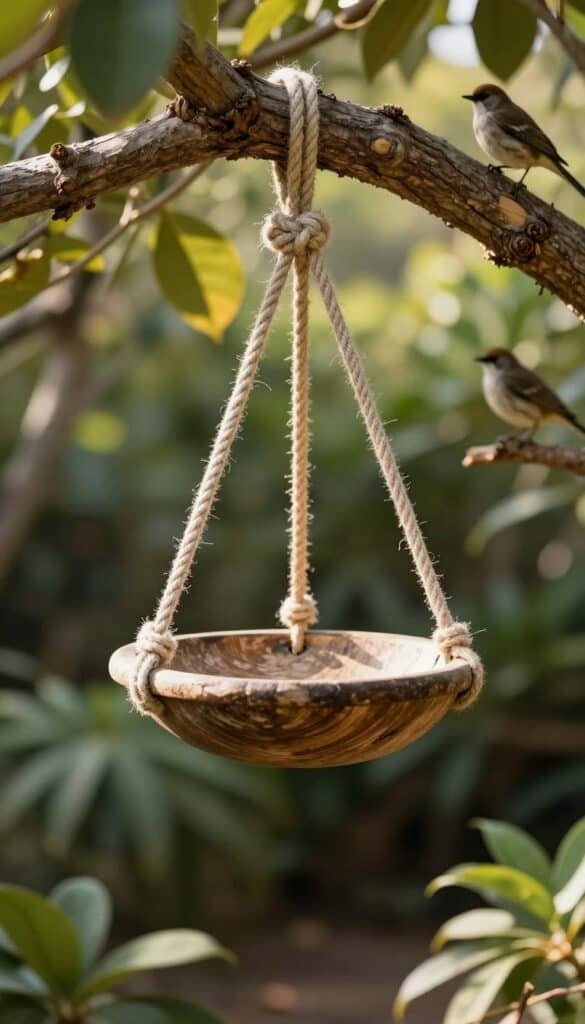 Bird bath suspended from natural tree branch in outdoor garden