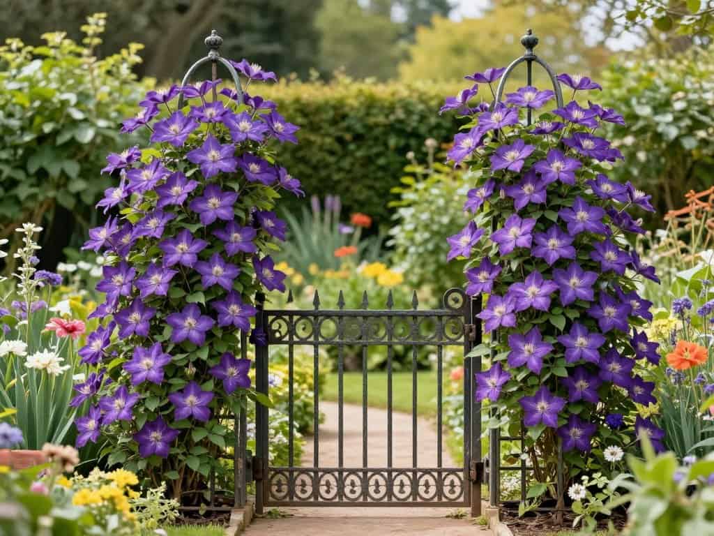 Cast iron antique gate covered with purple clematis flowers in blooming garden
