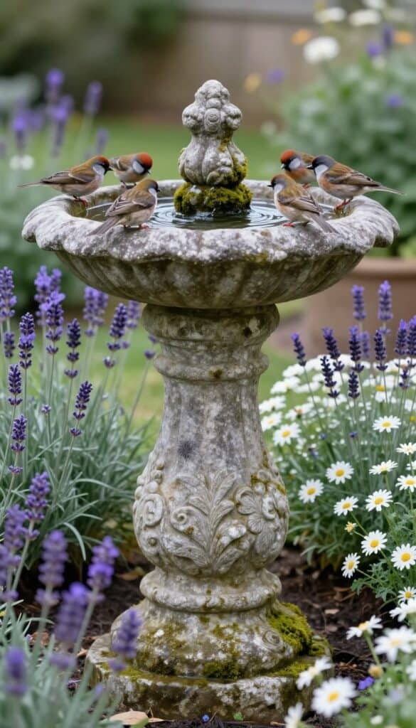 Classic weathered stone bird bath with aged patina in garden setting with birds drinking water