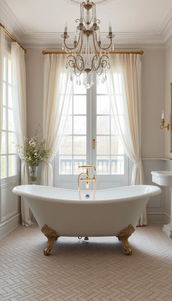 Classic white clawfoot bathtub in Parisian bathroom with chandelier overhead and large window