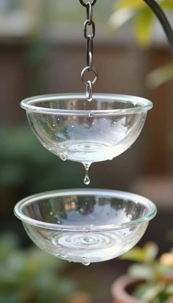 Clear glass hanging bird bath creating an airy transparent effect in garden