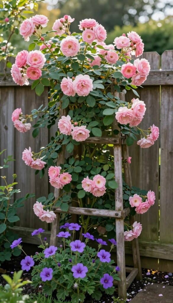 Climbing roses trained on wooden trellis with hardy geranium underplanting in narrow cottage garden bed