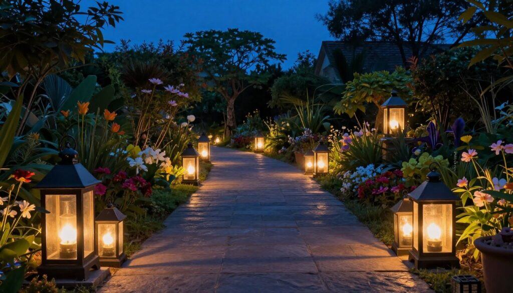 Collection of antique lanterns in various sizes arranged along garden path at twilight