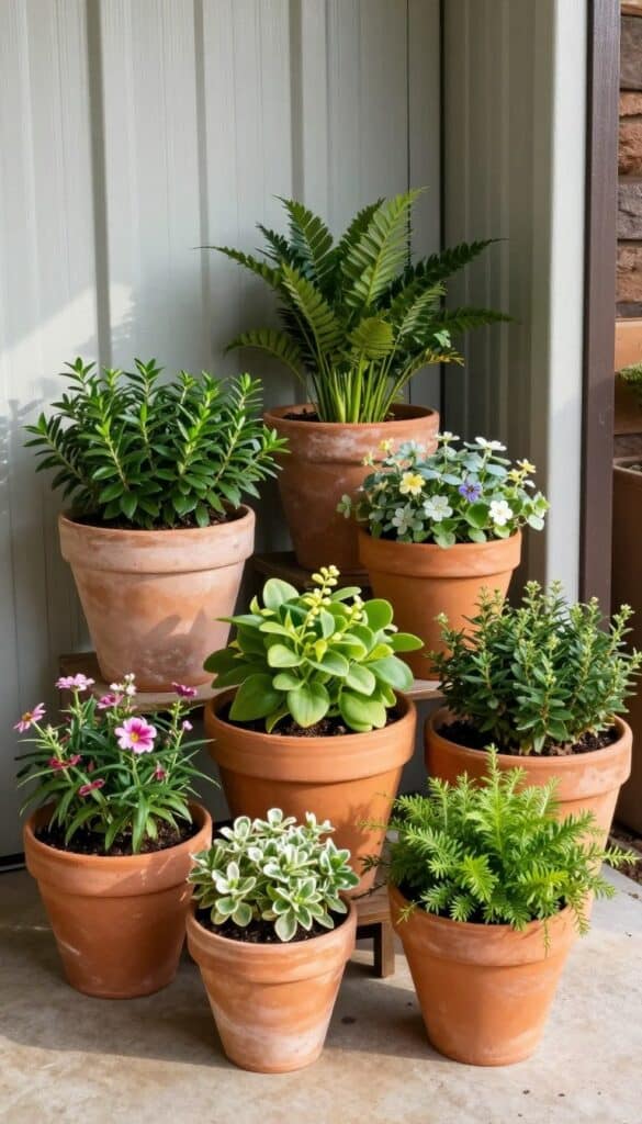 Collection of terracotta pots with green plants arranged by shed entrance