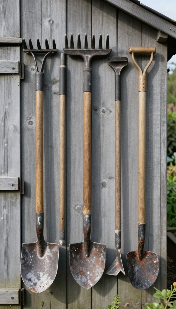 Collection of vintage garden tools mounted on weathered wooden fence as decorative display